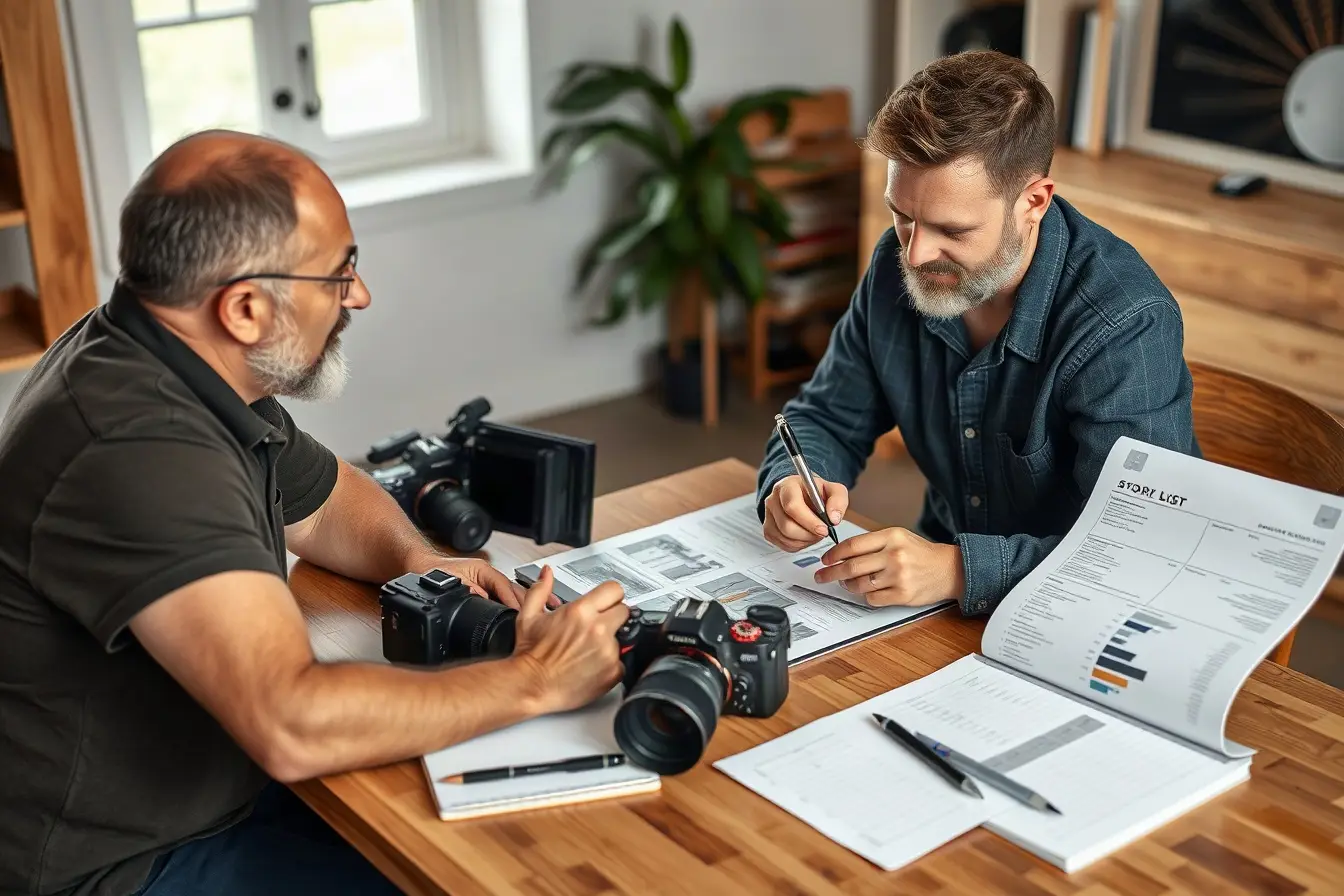 Creative producers reviewing a storyboard and shot list